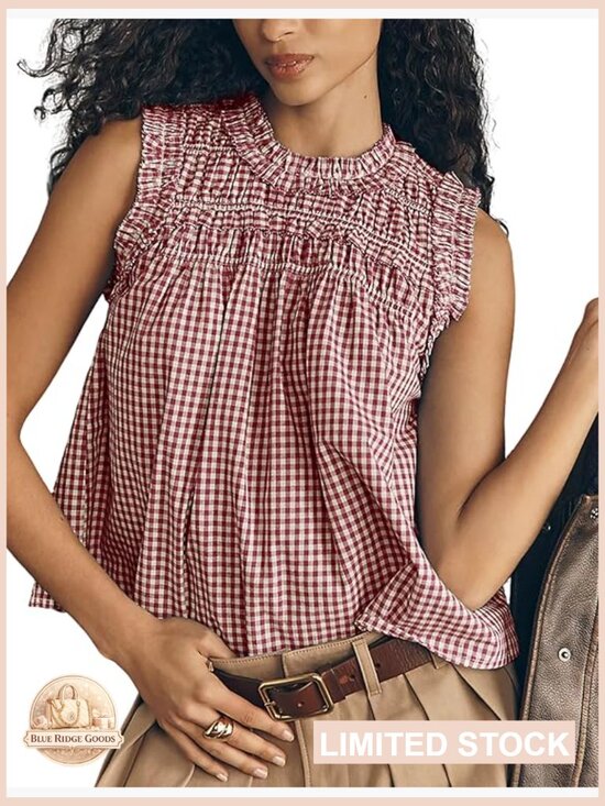 Tops - Plaid Babydoll T-Shirt Sleeveless Peplum Blouse Cotton Summer Top Trendy